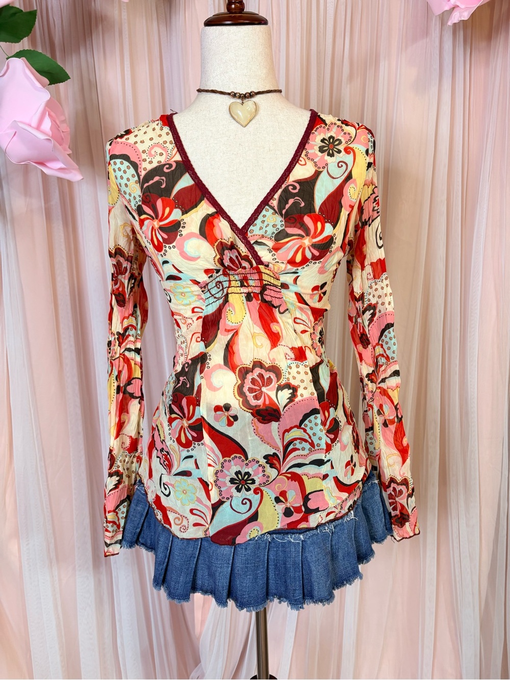 Y2K European Floral Mesh Long Sleeve Top S Fairy Boho